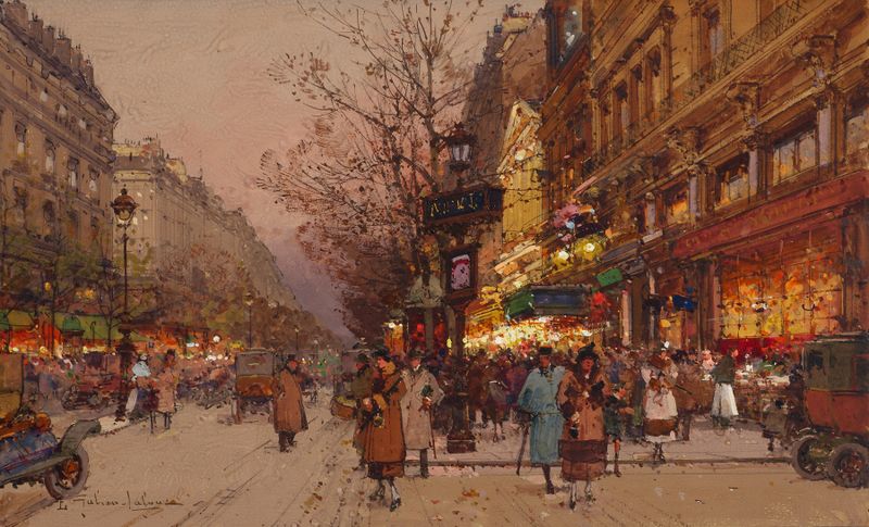 Escena de género de un bullicioso bulevar por la noche, óleo sobre lienzo de Eugène Galien-Laloue.