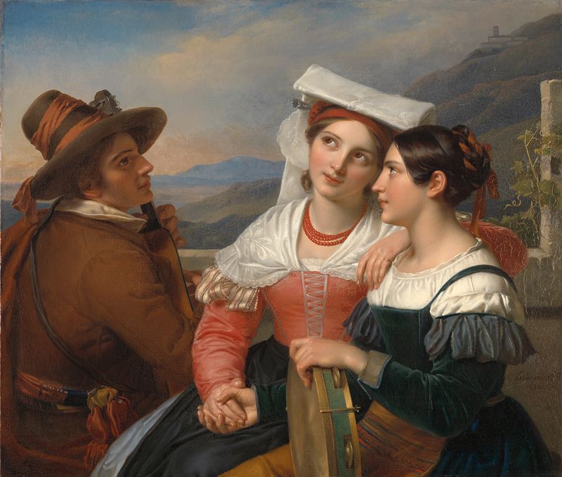 Oil painting by Cornelis Kruseman depicting a trio of musicians in folk costume