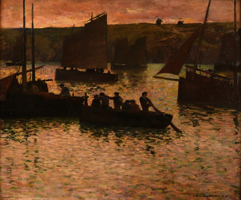 Escena marina con barcos en el agua, pintura al óleo de Charles Cottet