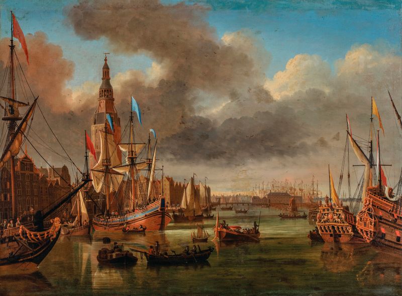 Cena marinha do IJ em Amsterdã, pintura a óleo de Jan Karel Donatus van Beecq