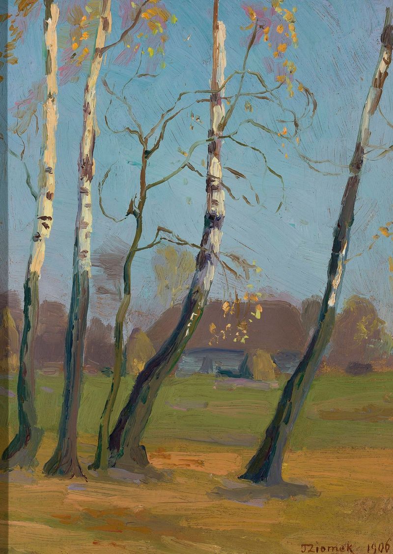 Birch trees near a village, oil painting by Teodor Ziomek