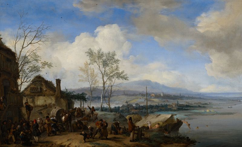 Escena de género que representa a campesinos celebrando en una posada, óleo de Philips Wouwerman