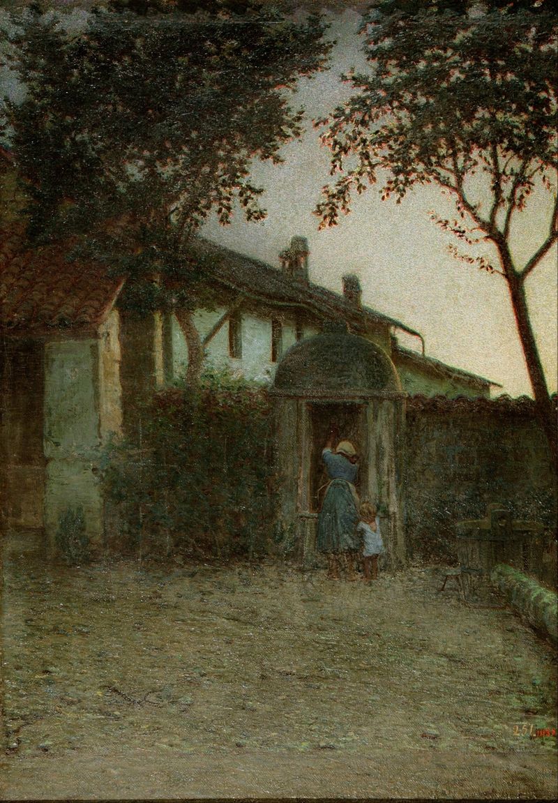 Landscape at dawn, oil on canvas by Angelo Morbelli, featuring soft light and rolling fields.