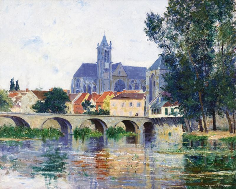 Landscape with a river and village, oil on canvas by William Lamb Picknell