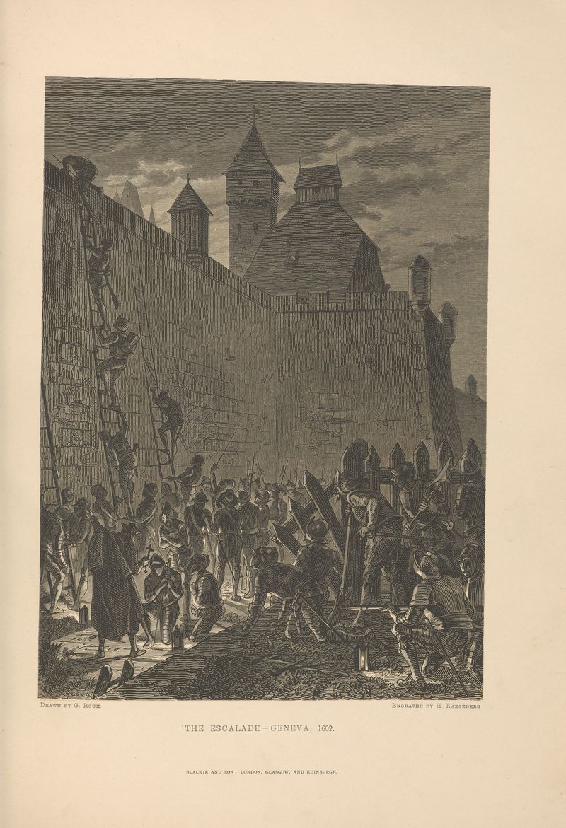 The Escalade, Geneva by Theodor Gsell Fels, oil on canvas depicting historical fortifications.
