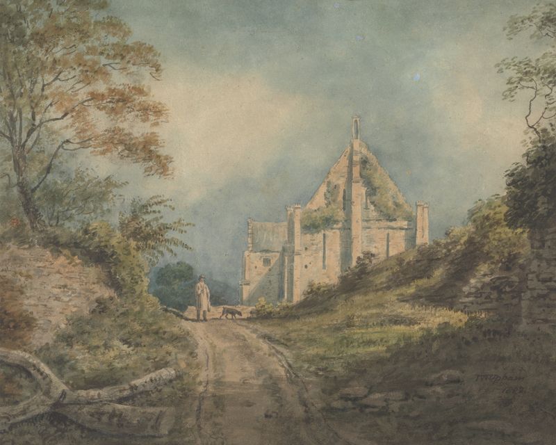 The Abbey Barn, Abbotsbury de John William Upham, óleo sobre tela que retrata um celeiro e colinas onduladas.