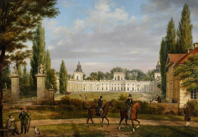 Wilanów Palace in golden light, architecture by Wincenty Kasprzycki, oil painting
