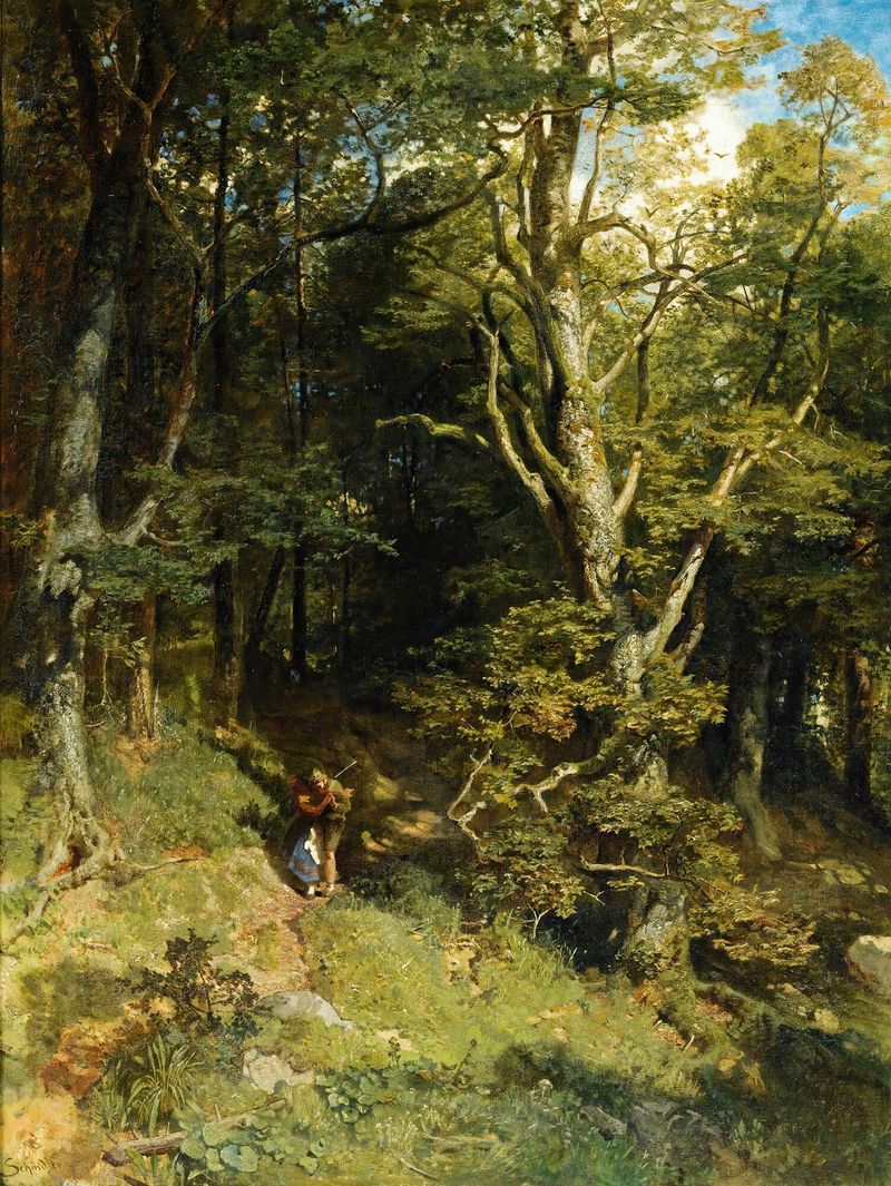 Dos figuras entrelazadas en un abrazo bajo un dosel de hojas, pintura al óleo de Emil Jakob Schindler