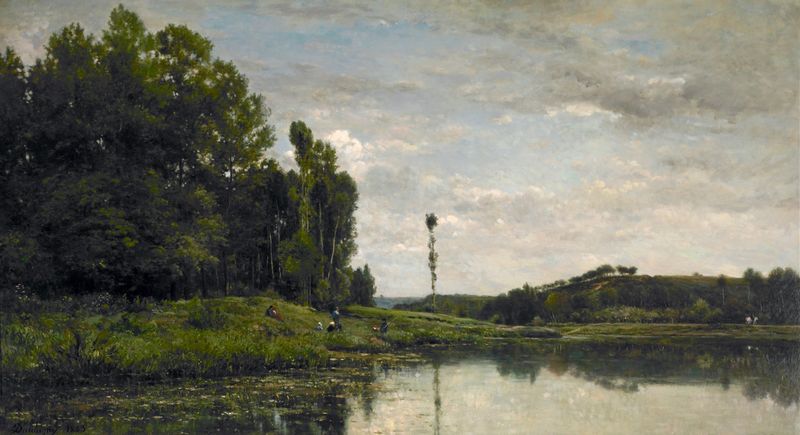 Banks of the Oise at Auvers, óleo sobre tela de Charles François Daubigny, retratando uma paisagem de rio tranquila