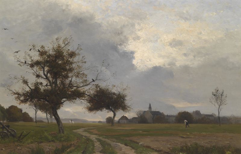 Landscape oil painting by Eugène Lavieille depicting a field with golden light and swaying grasses.