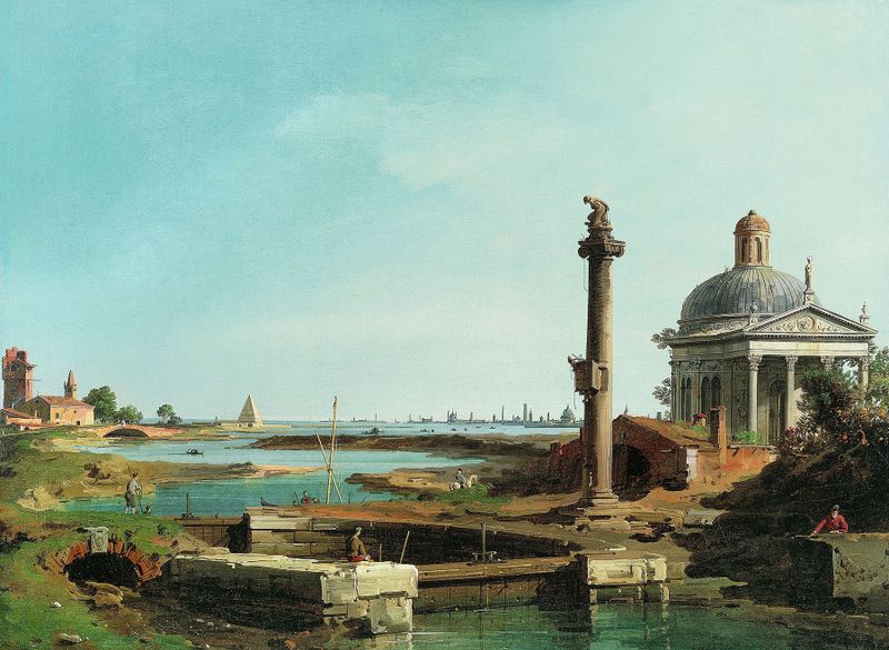 Paisaje rococó de Canaletto que representa un lago, una iglesia y una columna