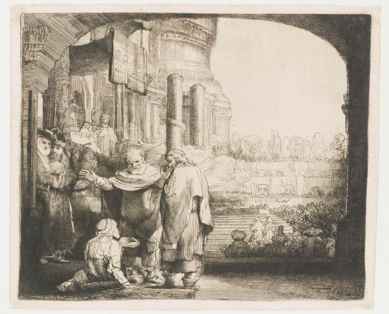 Petrus e Johannes curando um homem aleijado na porta do templo, gravura de Rembrandt van Rijn