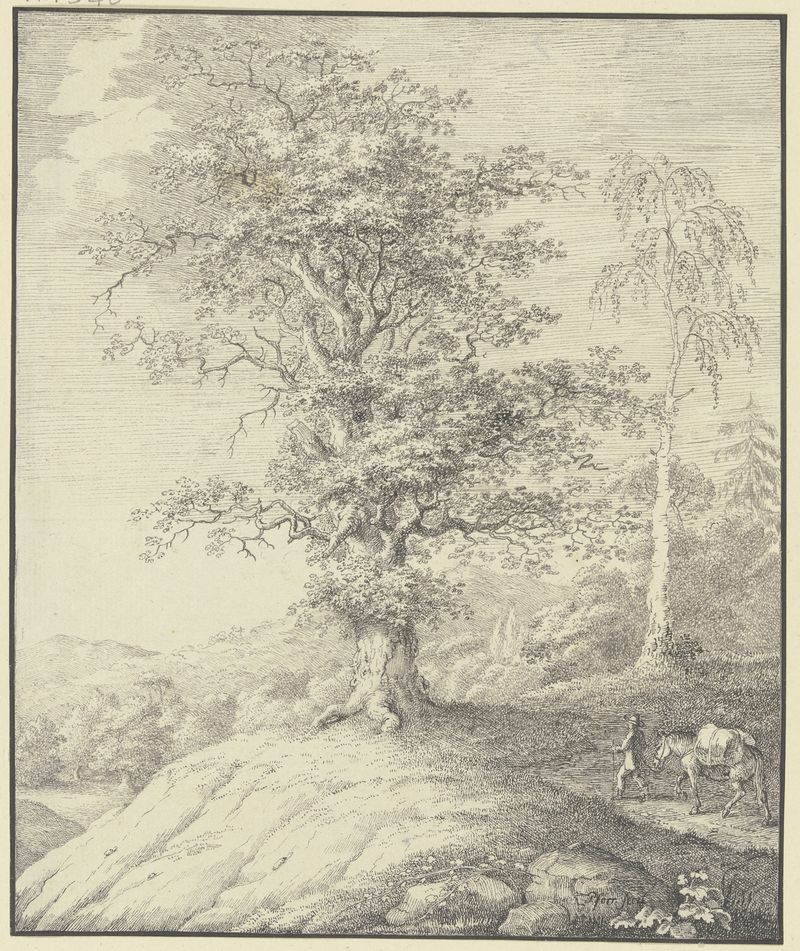 Oil painting by Johann Georg Pforr depicting a man leading a horse near oak and birch trees.