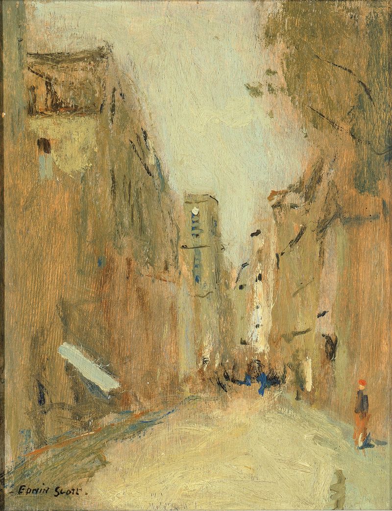 Rue San Jacques, París de Frank Edwin Scott, óleo que muestra adoquines y luz dorada.