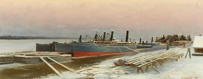 Boats at dock in winter, oil on canvas by Mikhail Pomeranzev