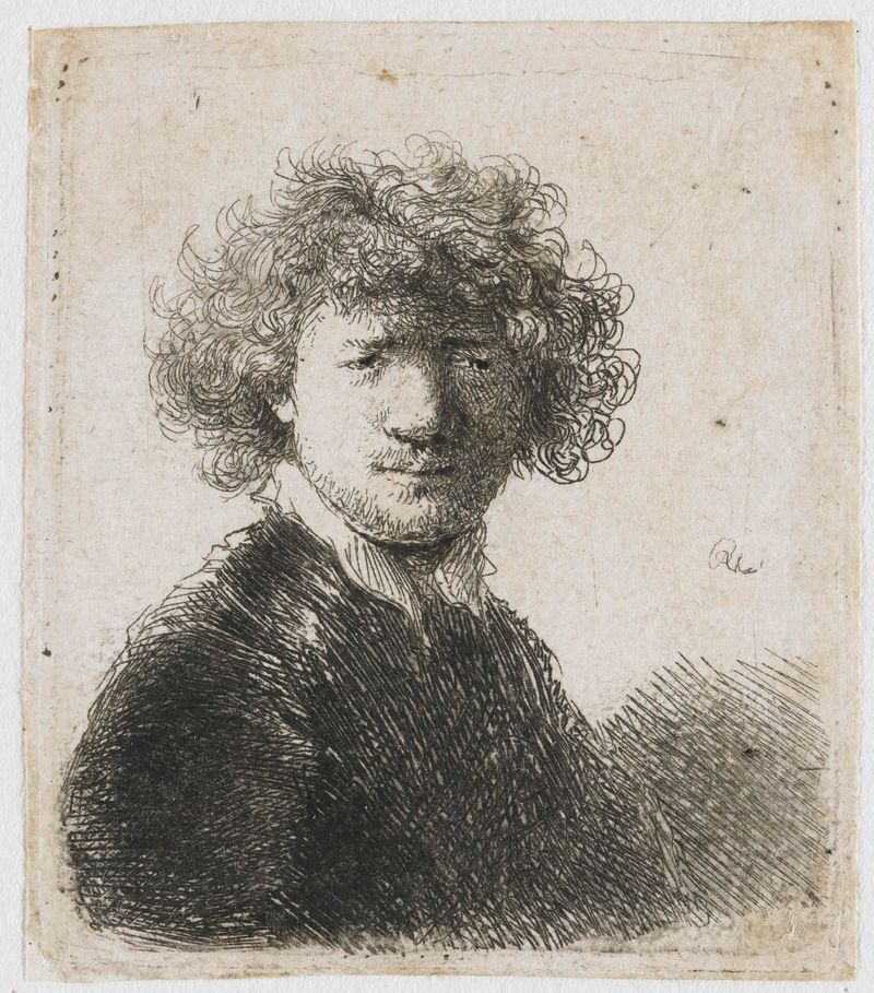 Self-portrait with curly hair by Rembrandt van Rijn, etching