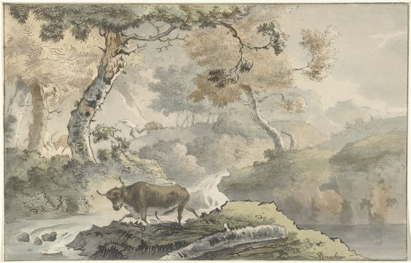 Boslandschap met stier de Christiaan Josi, óleo sobre tela com um touro em uma paisagem serena.