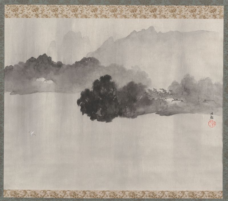 Otoño en la niebla sobre un estanque, papel de Yokoyama Taikan, con niebla que se eleva de un estanque tranquilo.