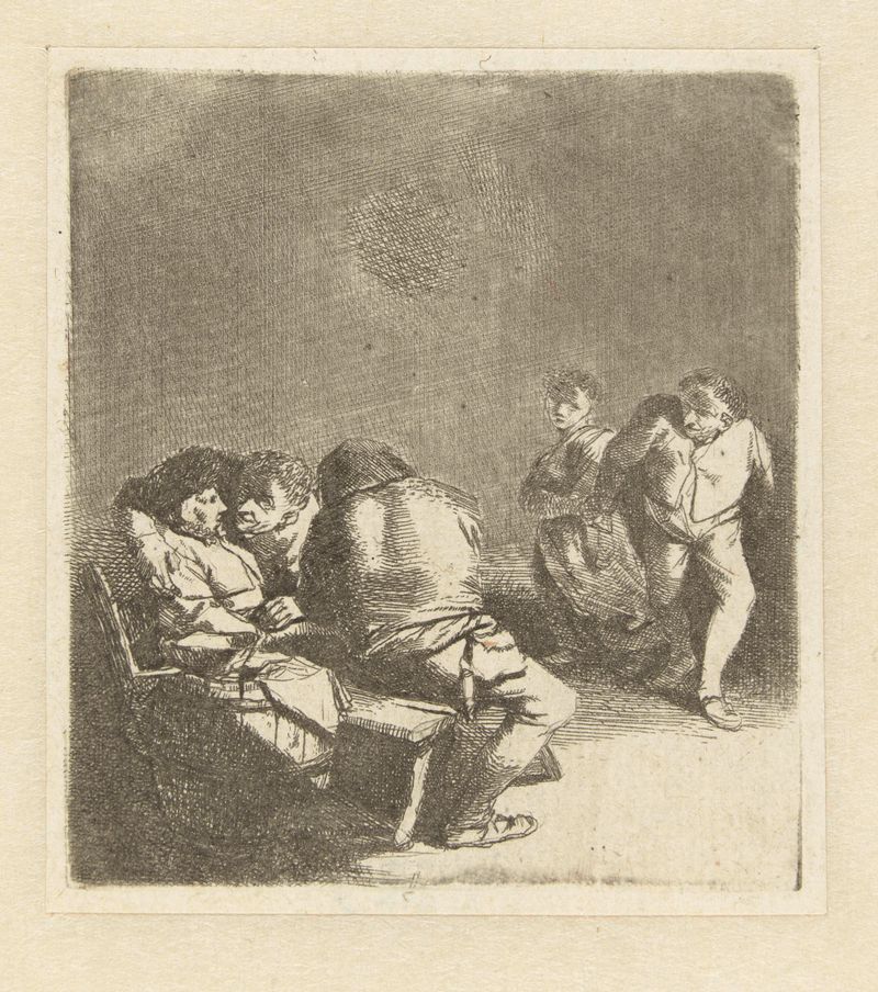 Gravura de Cornelis Pietersz. Bega mostrando um casal dançando e figuras sentadas