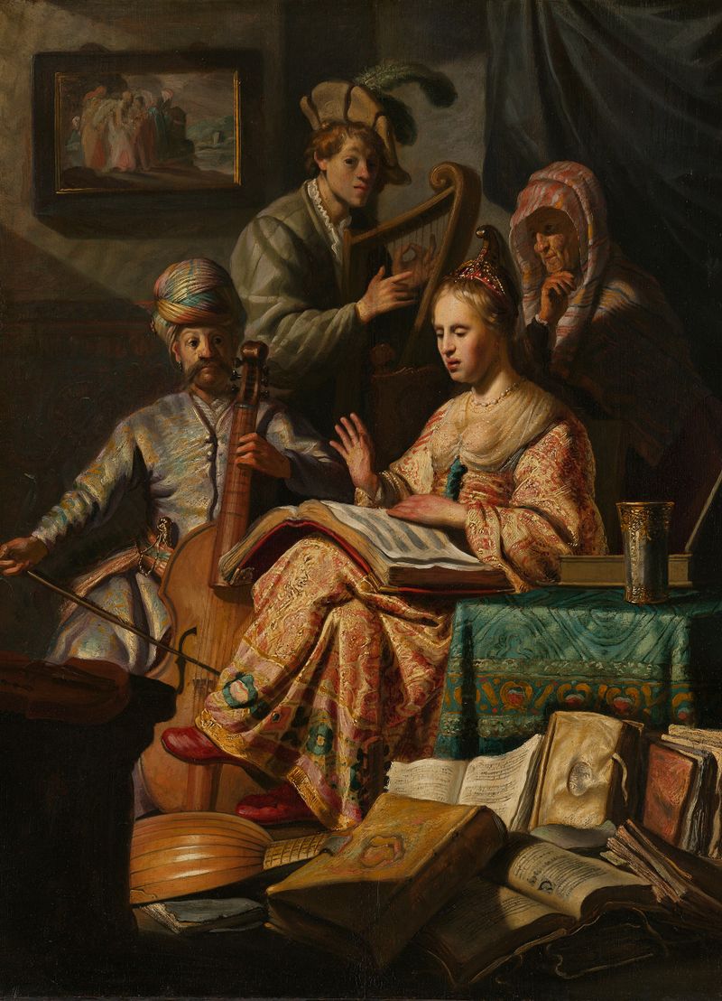 Musical Company, óleo sobre painel de Rembrandt van Rijn, retratando figuras em um interior com música