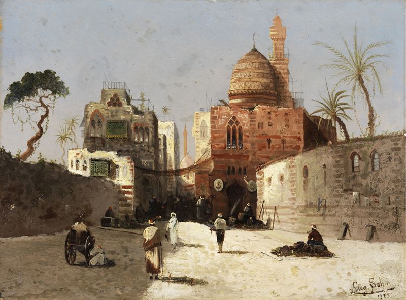 Cena oriental com mesquita, pintura a óleo de Wilhelm Sohn