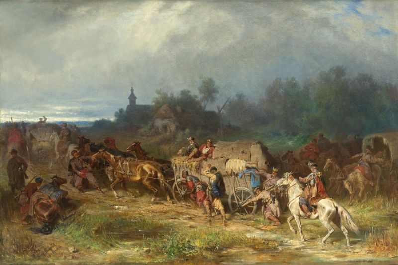 Historical scene of weary soldiers in a camp by Jozef Brandt, oil painting