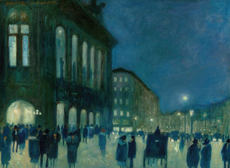 Vista de la Staatsoper de Viena de noche, óleo sobre lienzo de Hans Ruzicka-Lautenschlaeger