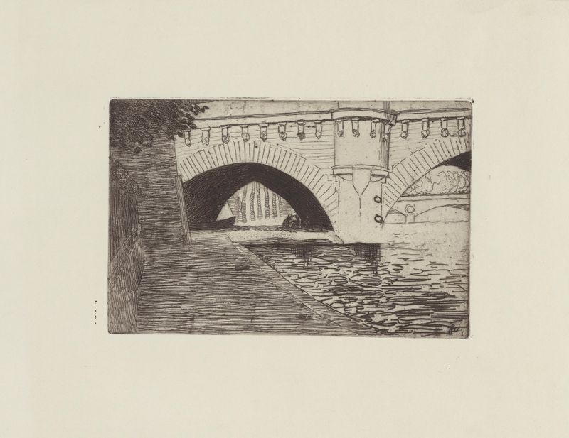 Le Pont-Neuf et le pont St Michel oil painting by Félix Vallotton depicting bridges over the Seine at twilight.
