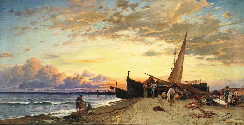 Fishermen on the lagoon at dusk, oil painting by Hermann David Salomon Corrodi