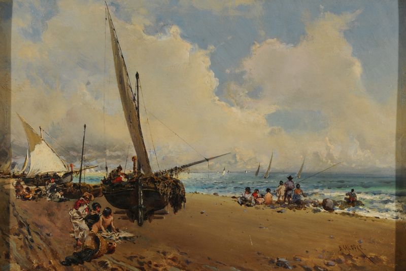Cena marinha representando uma praia com ondas e uma figura, pintura a óleo de Baldomer Galofre i Giménez
