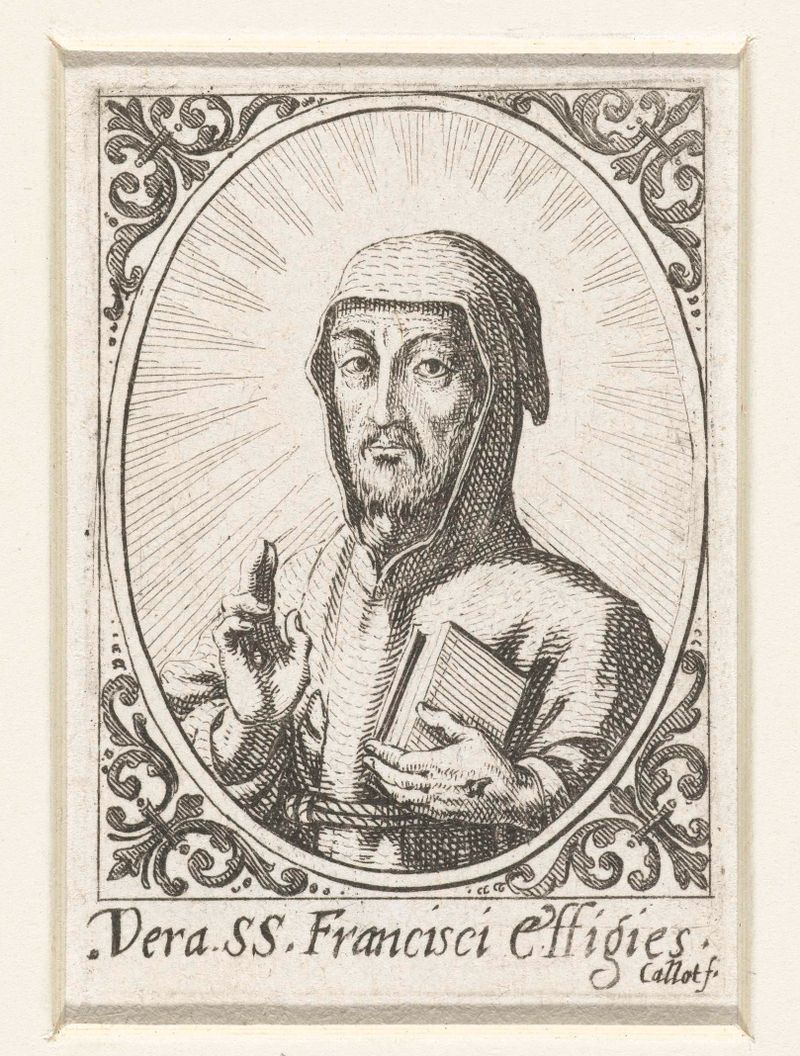Gravura de São Francisco por Jacques Callot, apresentando uma expressão serena contra um fundo caótico.
