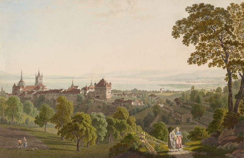 Landscape oil painting by Gabriel Lory the Younger featuring a lake and mountains.