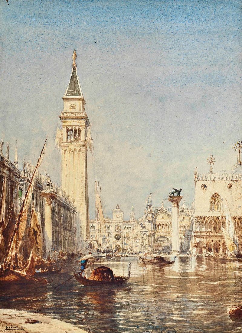 Le Môle et la Piazetta, inondation de Félix Ziem, pintura al óleo de un paisaje veneciano sereno con agua.