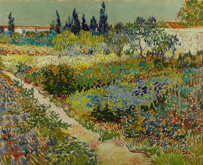 Garden at Arles by Vincent van Gogh, oil on canvas depicting a vibrant garden with flowers and sunlight.