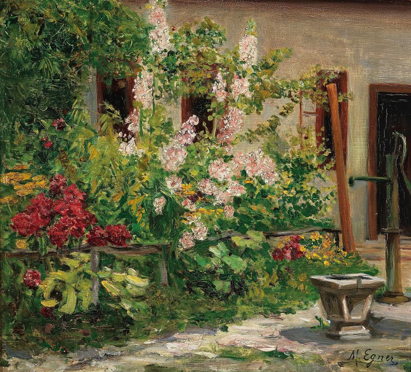 Vorgarten mit blühenden Stockrosen de Marie Egner, óleo sobre tela que retrata flores vibrantes em um jardim.