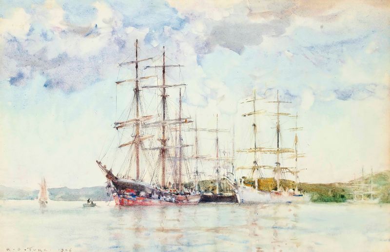 Windjammers At Anchor In Carrick Roads by Henry Scott Tuke, oil on canvas depicting ships with sails on water.