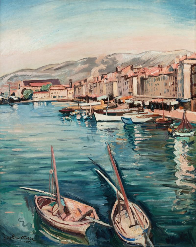 Le port de Toulon by Emile Othon Friesz, oil painting depicting a harbor with boats and vibrant water.