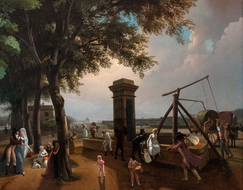 Escena de género que muestra una multitud bulliciosa en una pintura al óleo de Jean-Baptiste Bizard
