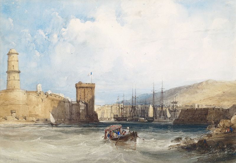 Pintura al óleo de una escena de puerto con barcos de William Callow