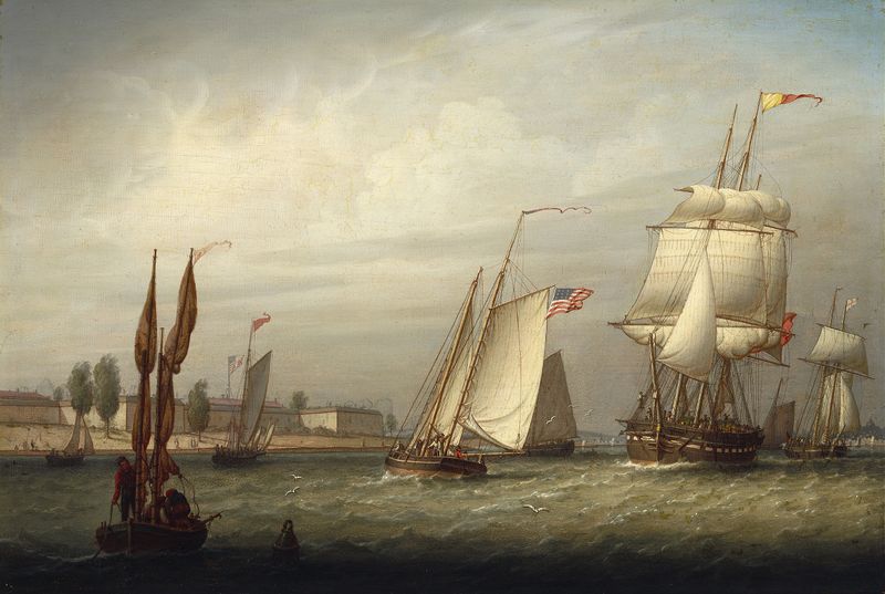 Marine scene of Boston Harbor by Robert Salmon, oil painting