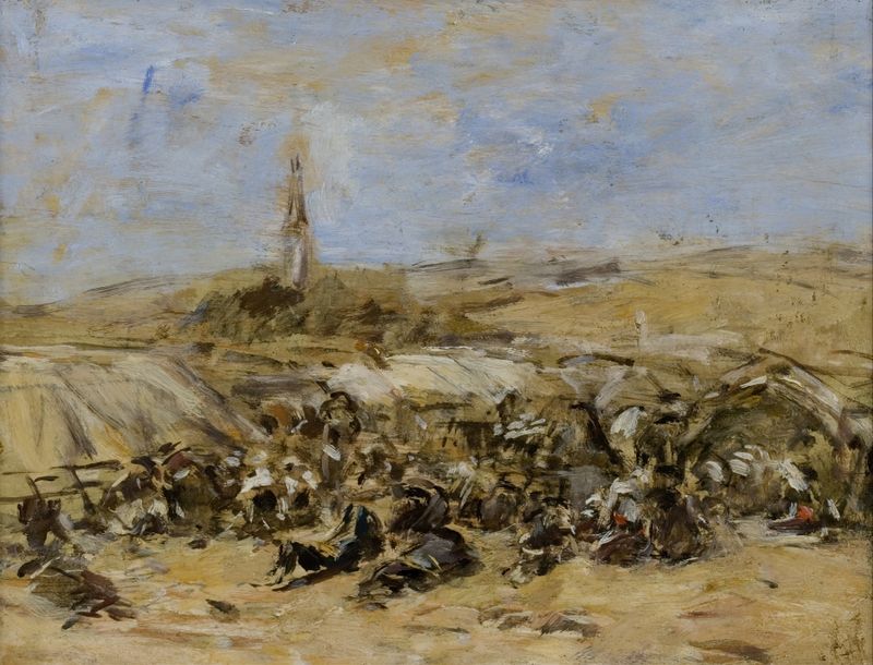 Pardon of Ste-Anne-La-Palud de Eugène Boudin, pintura a óleo que retrata uma reunião costeira com figuras em trajes tradic...