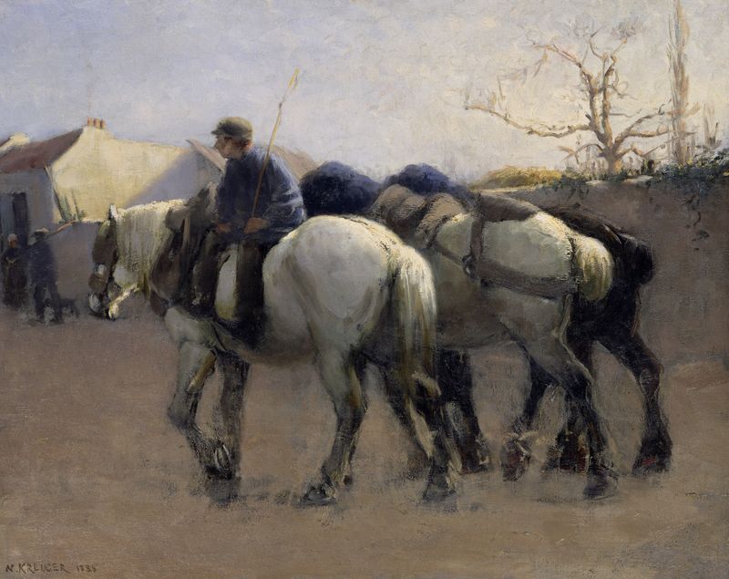 Rua de uma Vila Francesa com Cavalos, óleo sobre tela de Nils Kreuger