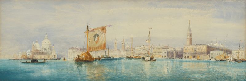 A Bacia de São Marcos, Veneza de James Holland, pintura a óleo que retrata água serena e reflexos do céu noturno.