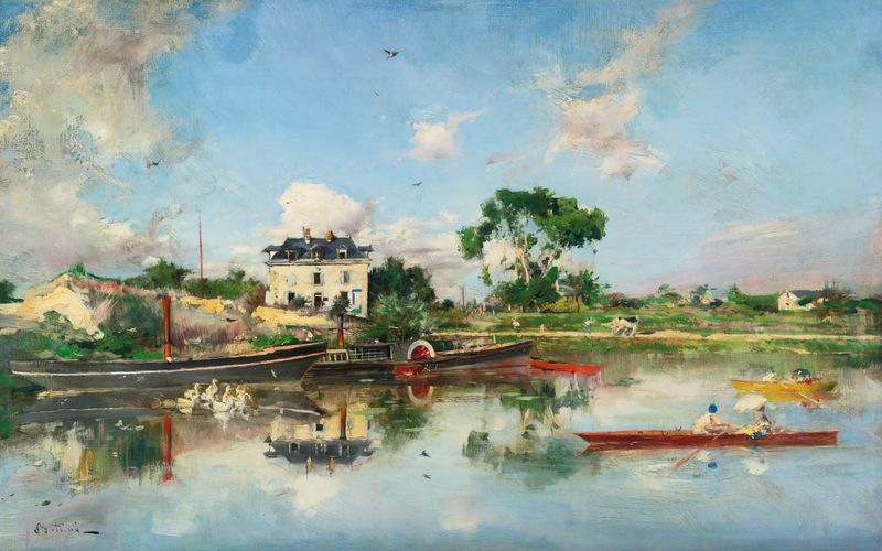 Figurative oil painting by Giovanni Boldini depicting a figure by the river, La Senna