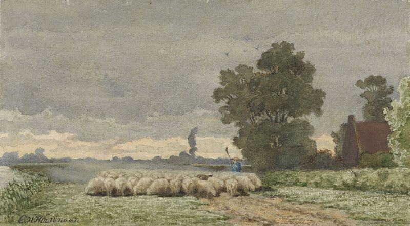 Landschap met kudde schapen de Cornelis Willem Hoevenaar II, realismo, ovejas pastando en hierba verde.