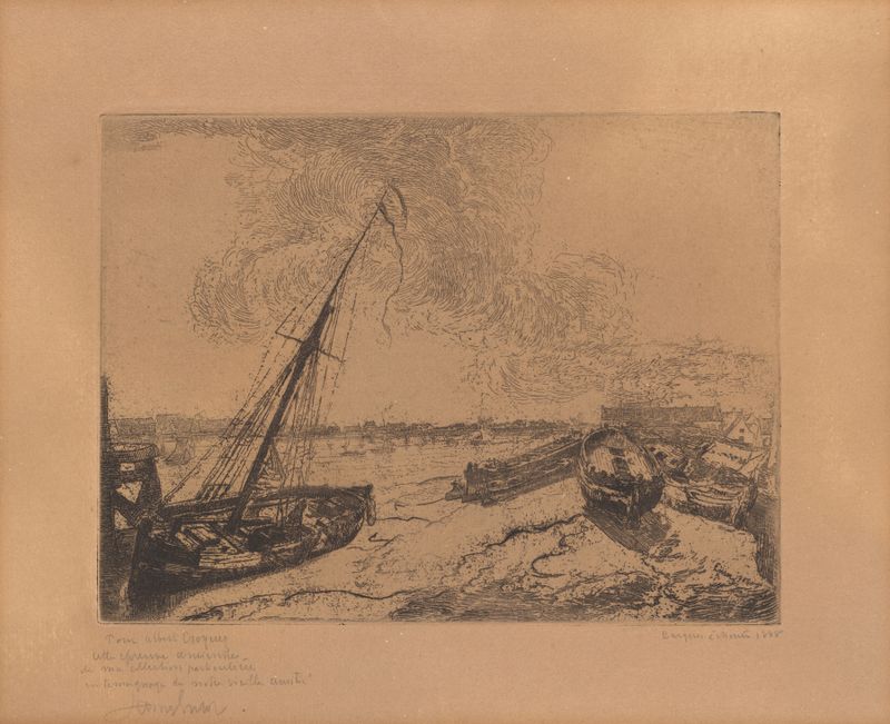 Gestrande schuiten de James Ensor, pintura a óleo que retrata barcos encalhados na costa