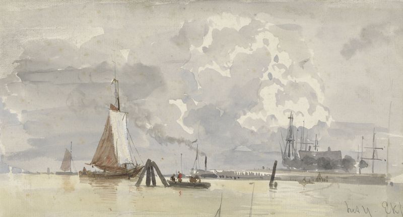 Paisagem representando um rio e horizonte sob um céu pálido de Everhardus Koster, pintura a óleo