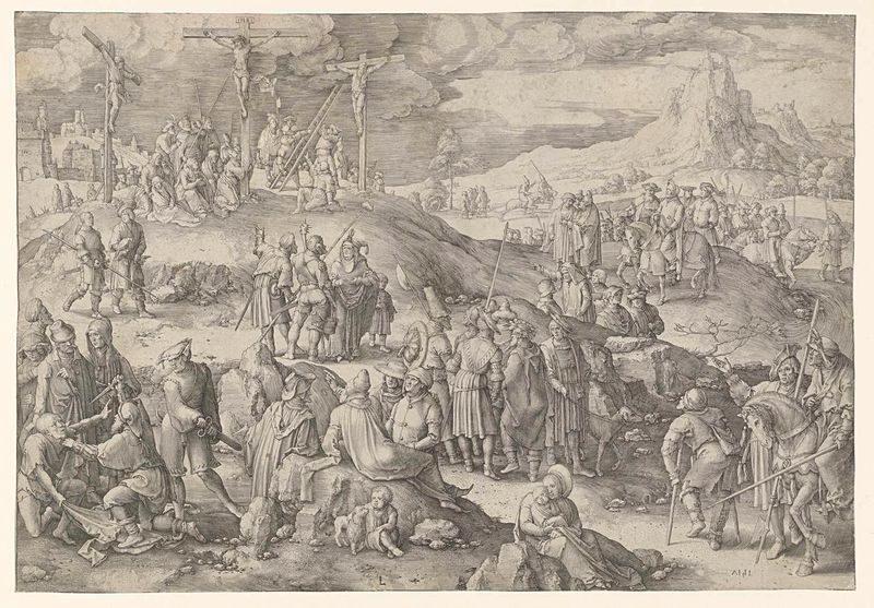 Gravura de Lucas van Leyden representando Golgotha com figuras em desespero e sacrifício.