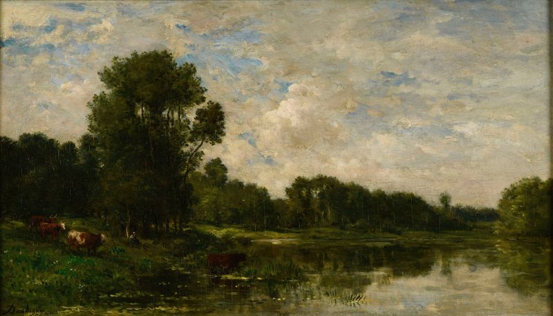 Bords de l’Oise by Charles François Daubigny, oil on canvas depicting a serene river landscape.