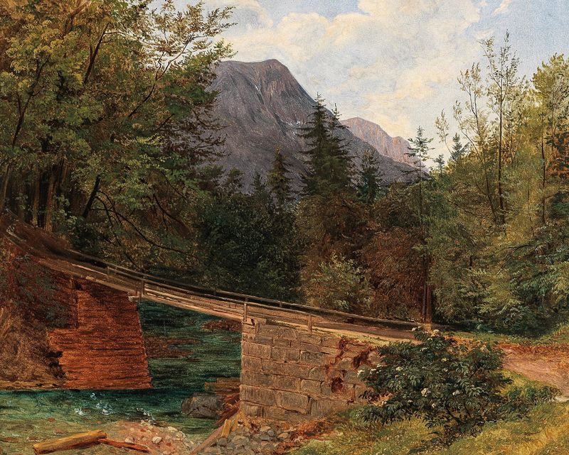 The Bridge by the Rettenbach Mill in Bad Ischl, oil on canvas by Josef Feid